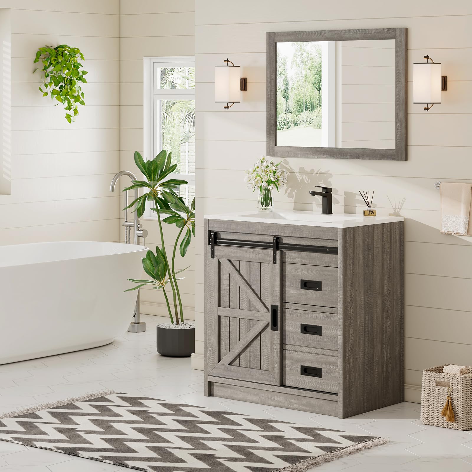 VANACC 31" Farmhouse Sliding Barn Door Bathroom Vanity with Sink Combo, Bathroom Vanity Cabinet with Drawers & Metal Handles, Freestanding, Gray