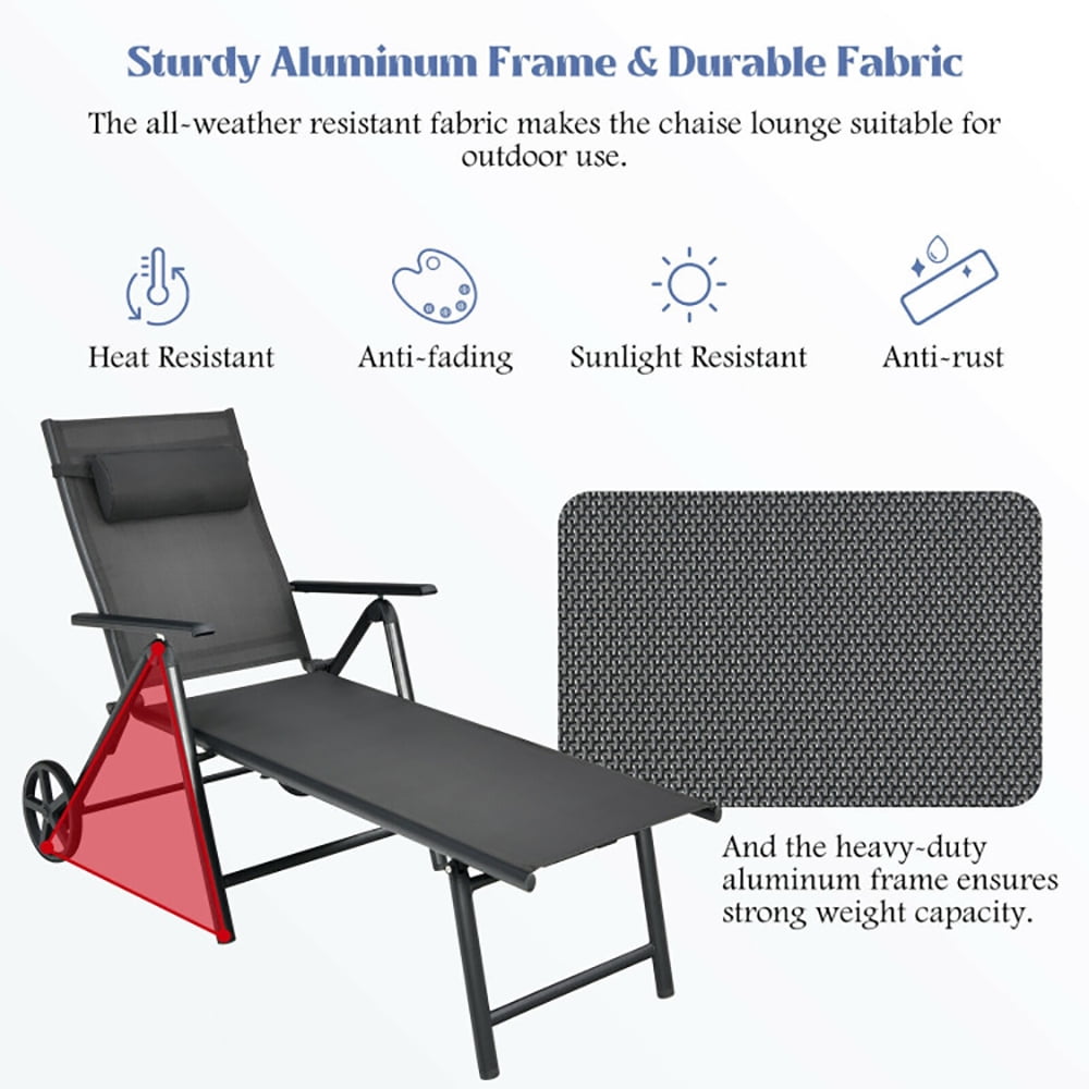 Aimee Lii Patio Lounge Chair with Wheels Neck Pillow Aluminum Frame Adjustable, Patio Loungers, Gray Aimee Lii Patio Lounge Chair with Wheels Neck Pillow Aluminum Frame Adjustable, Patio Loungers, Gray