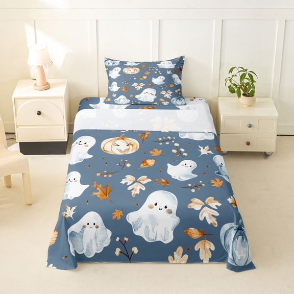 Homewish Blue Watercolor Ghost Pumpkin Twin Sheets for Girls, Fall Oak Leaf Bedding, 3-Piece, 1 Flat Sheet, 1 Fitted Sheet and 1 Pillowcase