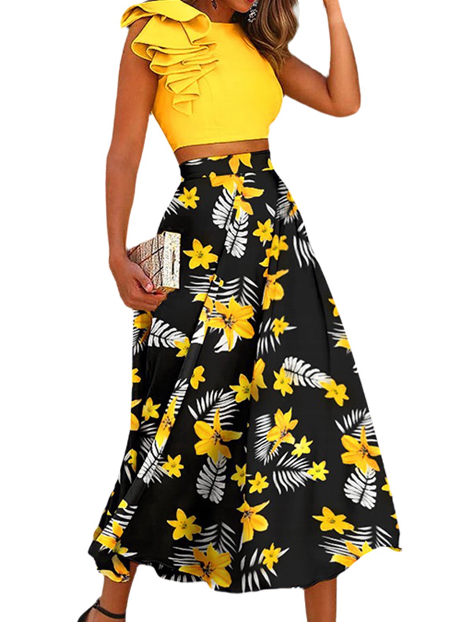 Wrcnote Women Ruffle Swing Cropped Tops Midi Skirt Bohemian Street  Sleeveless Tank Skirts A-line Outfits - Walmart.com