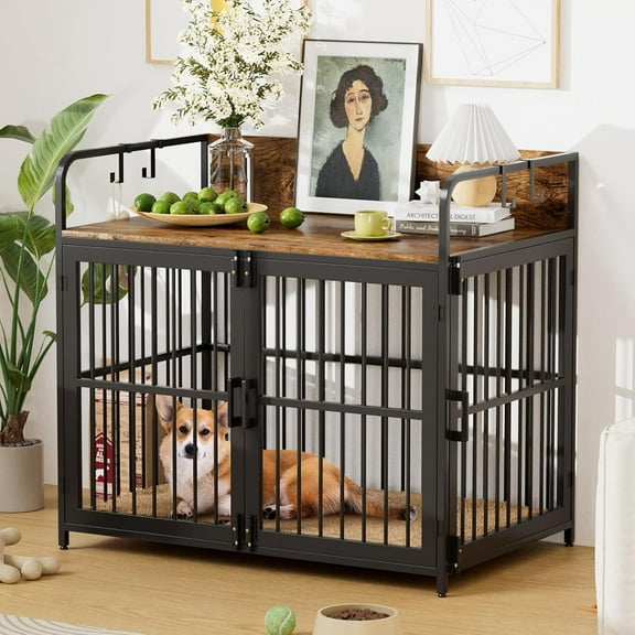Large Dog Crate Furniture 42" Wooden Heavy Duty Dog Kennel with Double Doors Decorative Indoor Dogs House Side End Table