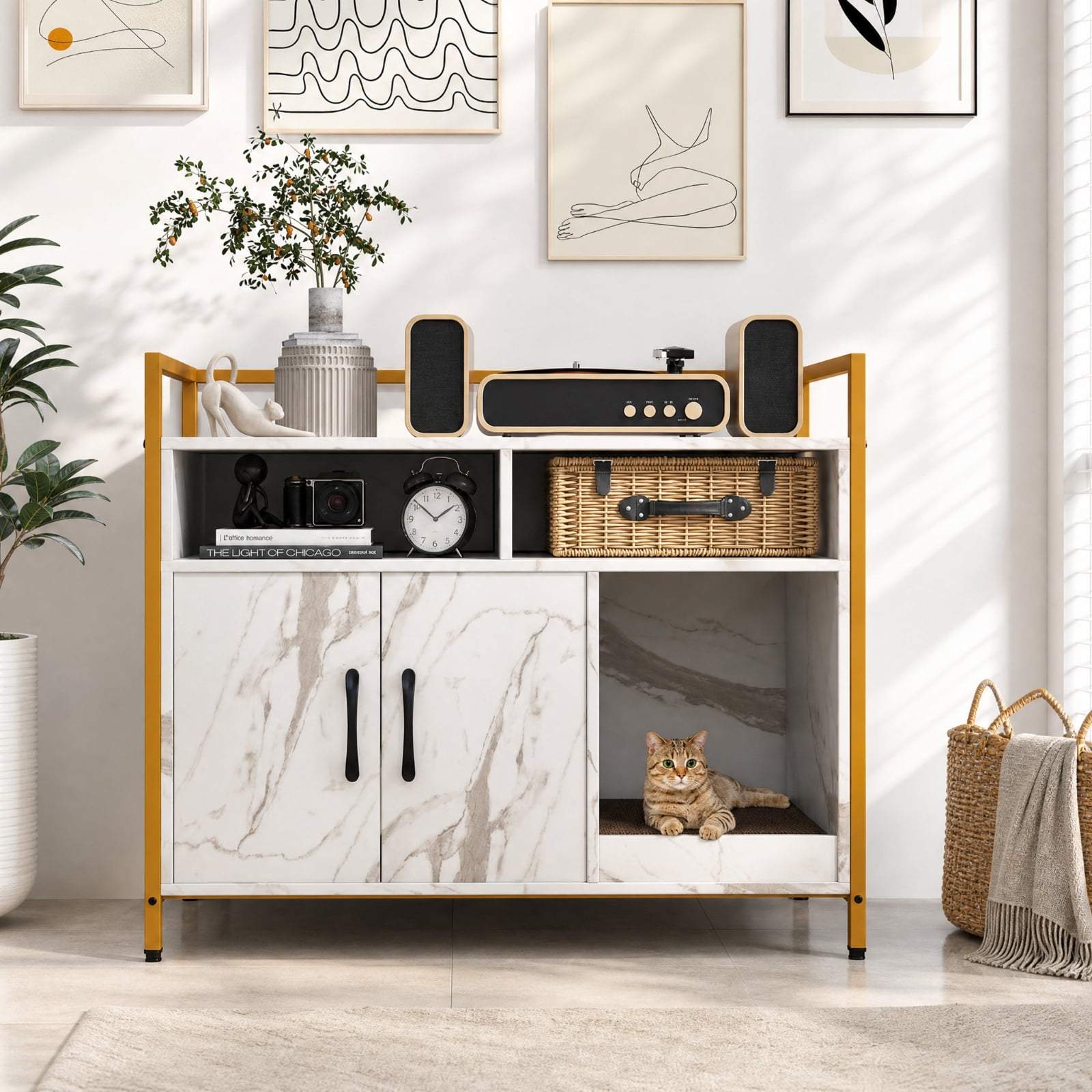 SUGIFT Hidden Cat Litter Box Furniture with Double Doors, Enclosed Cat Washroom Side Table Cabinet with Scratch Cardboard, White