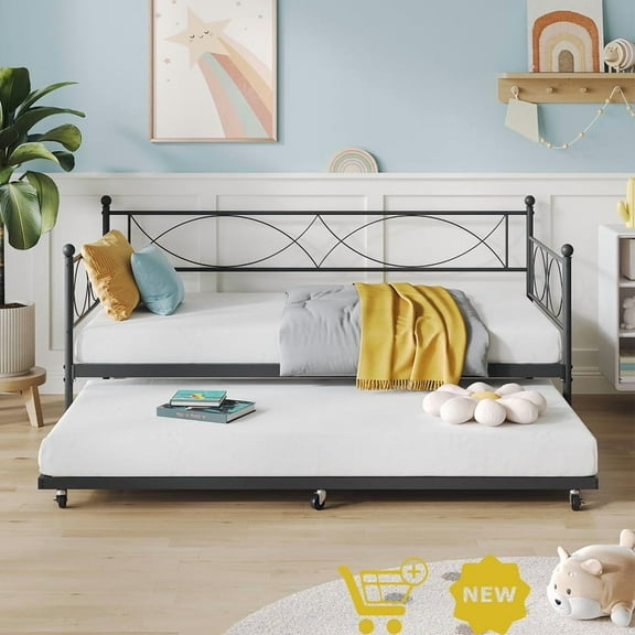 Metal Daybed with Pull Out Trundle, Twin Size Sofa Bed with Headboard, Sturdy Steel Frame for Guest Room or Small Spaces