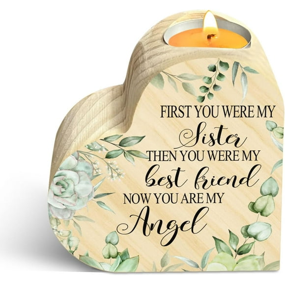 shiyou-Sympathy Wooden Heart Shape Memorial Candle Holder - Remembrance Gift for Loss of Friends, Sister - In Memory of Loved One - Double Sided Printing