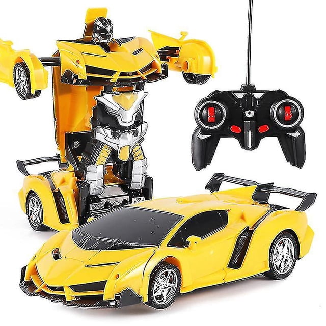 robots de transformación foohvr 2 en 1 para niños control remoto coches deportivos — coche deportivo amarillo 1:18 que se convierte en robot; vista 3/4 frontal mostrando carrocería amarilla, ventanas negras, llantas cromadas y detalles negros, robot erguido con piezas plateadas, control remoto negro con joysticks; luces y sonido de motor, carga por USB; suitable para juegos de competición interior y exterior.