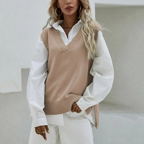 Idoravan Long Vest for Women Sleeveless,Ladies Vest Vest Sweater Slim V-Neck Vest Knit Sweater Ladies Sleeveless Hooded Casual Jacket Khaki