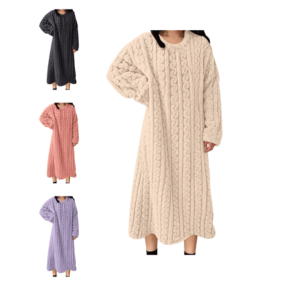 Atkumj Womens Sleepwear Nightgown Comfortable Fleece Round Neck Jacquard Long Sleeve Soft Nightgown Warm Flannel Solid Color Women Nightgown for Fall Winter S,M