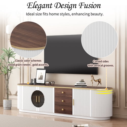 70.8 Inch Modern Minimalist TV Stand for TVs up to 80 Inches, Wood Grain Entertainment Center with 2 Glass Door Cabinets, 3 Drawers and Interior Shelf, White