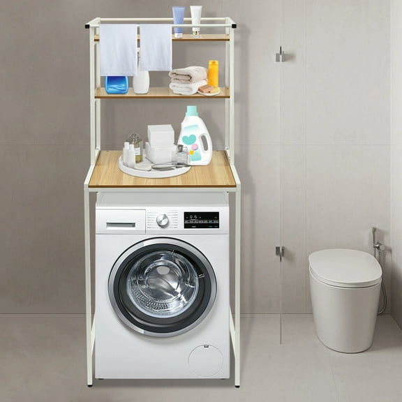 Modern Washer & Dryer Storage Rack, 3 Tier Bathroom Organizer Shelf Stand, White