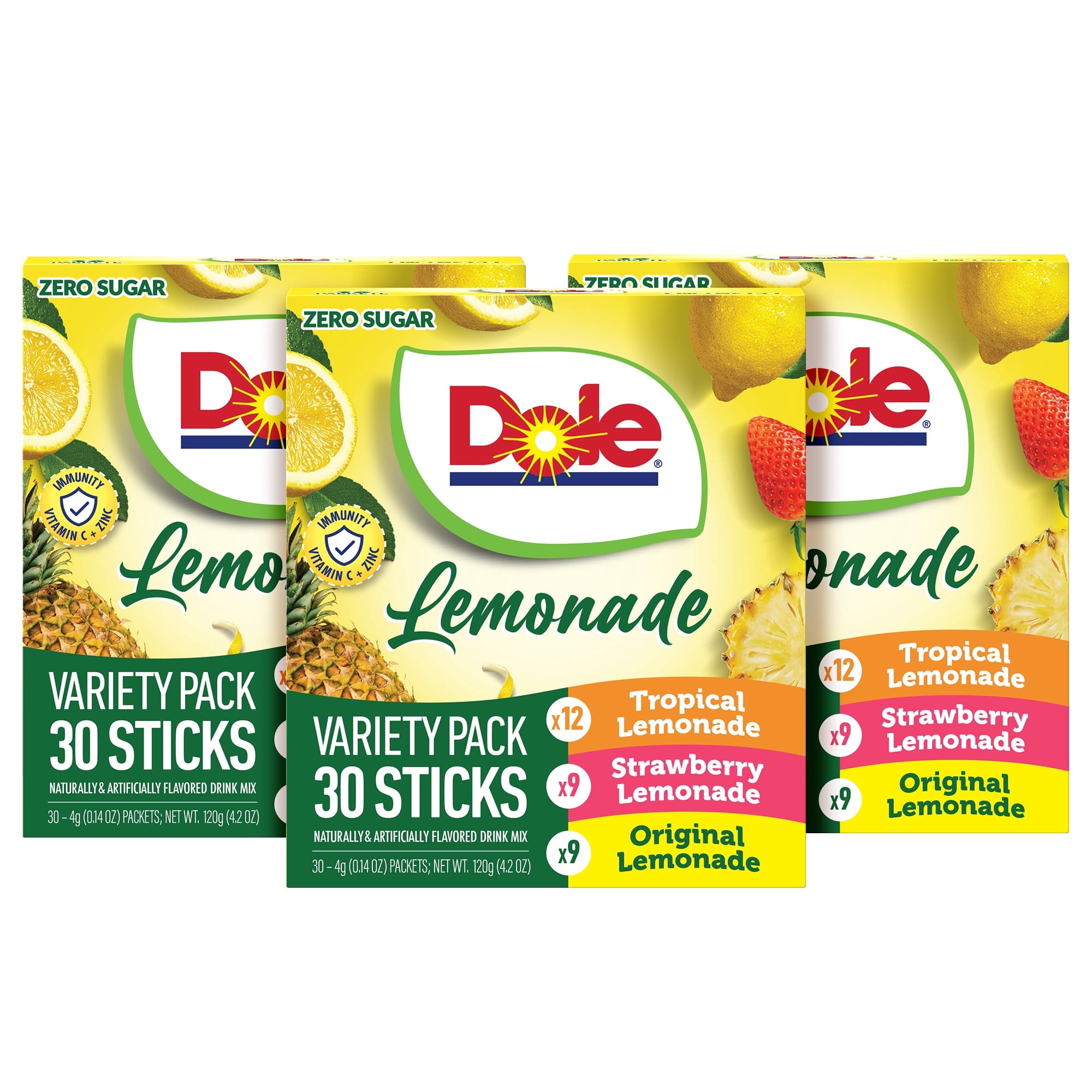(3 pack) Dole Lemonade Variety Powder Mix, Tropical, Classic, & Strawberry, 30 Pack