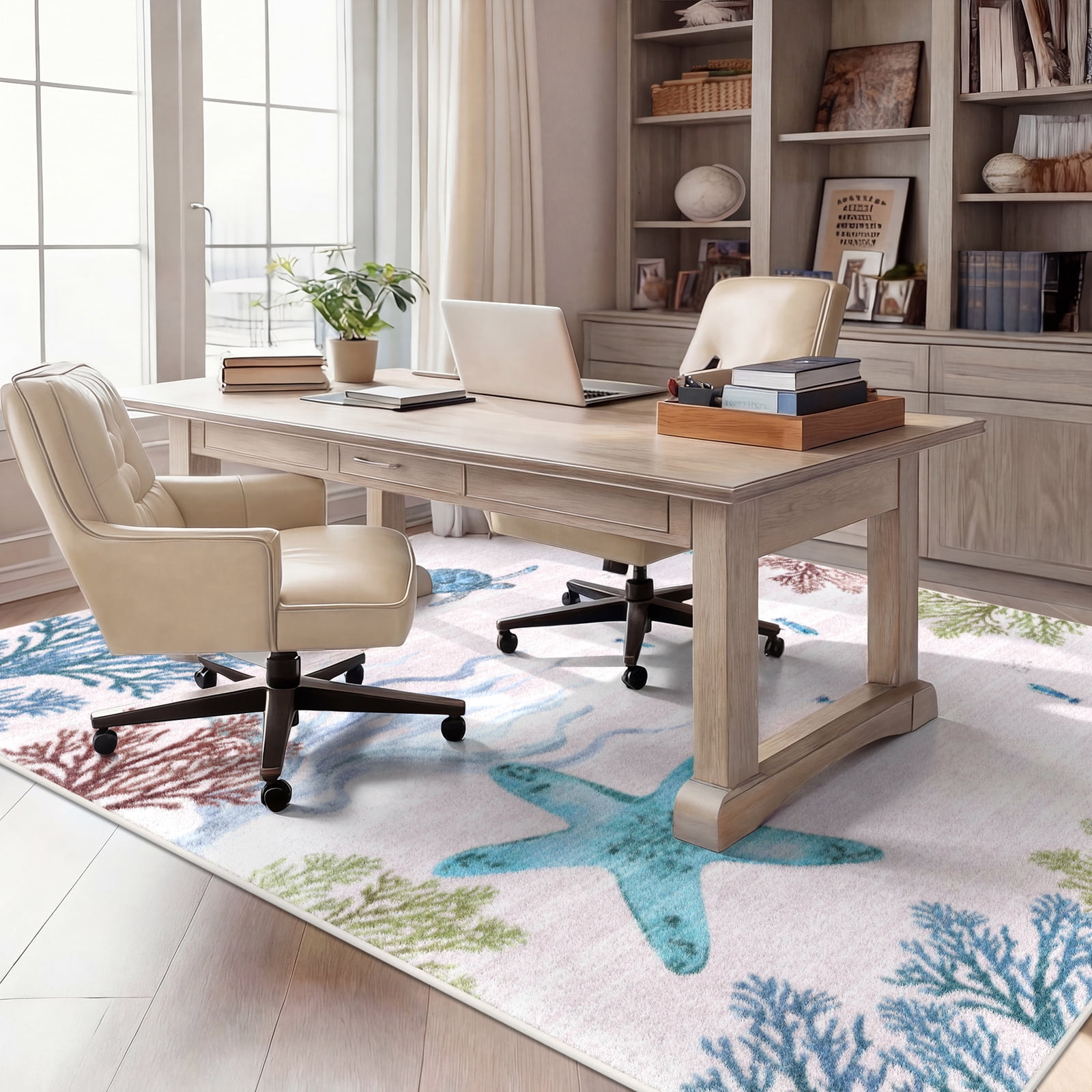 Washable Area Rug for Living Room, 4'x6' Nautical Beach Non-Slip indoor Rug, Soft Low Pile & Stain Resistant Sea turtles Carpet for Bedroom, Dining Room, Kitchen, Entryway, Nursery