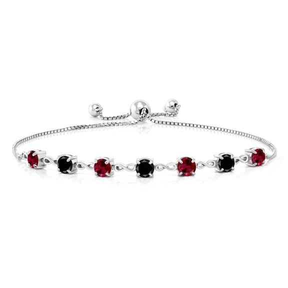 Gem Stone King 925 Sterling Silver Round Red Created Ruby and Black Diamond Tennis Bracelet for Women (2.71 Cttw, Gemstone July Birthstone, Round 4.5MM, Fully Adjustable up to 9 inch)