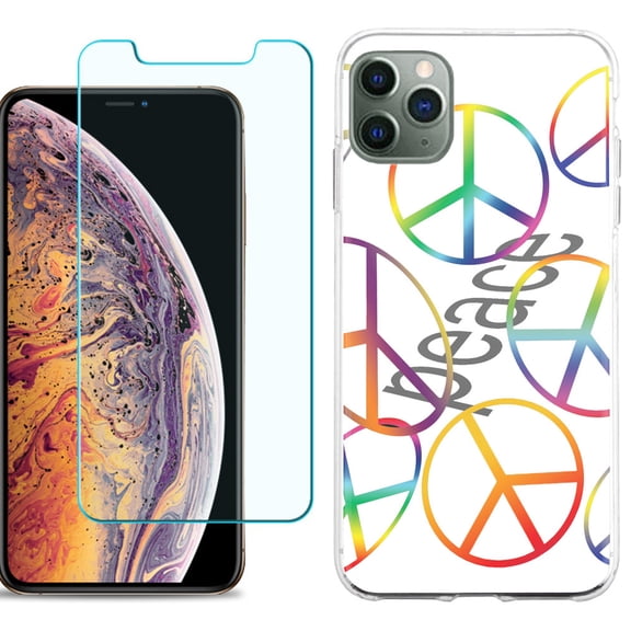 For Apple iPhone 11 Pro Max Phone Case , Slim-Fit TPU Case with Tempered Glass Screen Protector, by OneToughShield ® - Colorful Peace