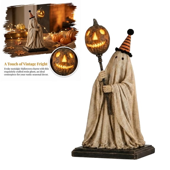 Lighted Vintage Ghost Figurine with Glowing Pumpkin Staff – Halloween Mantel Decor, Tabletop Resin Statue for Spooky Ambiance