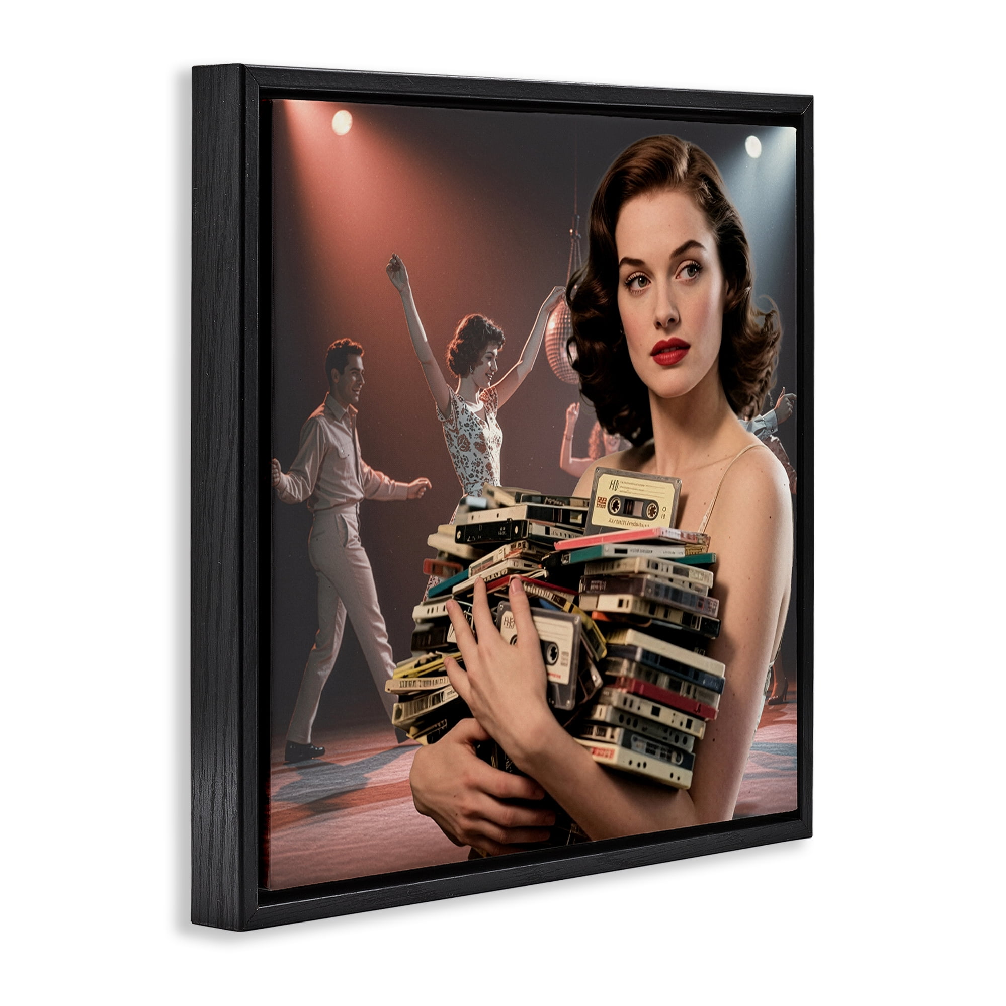 Stupell Industries Woman Holding Vintage Cassette Collection Black Framed Floater Canvas Wall Art, design by CAD Designs