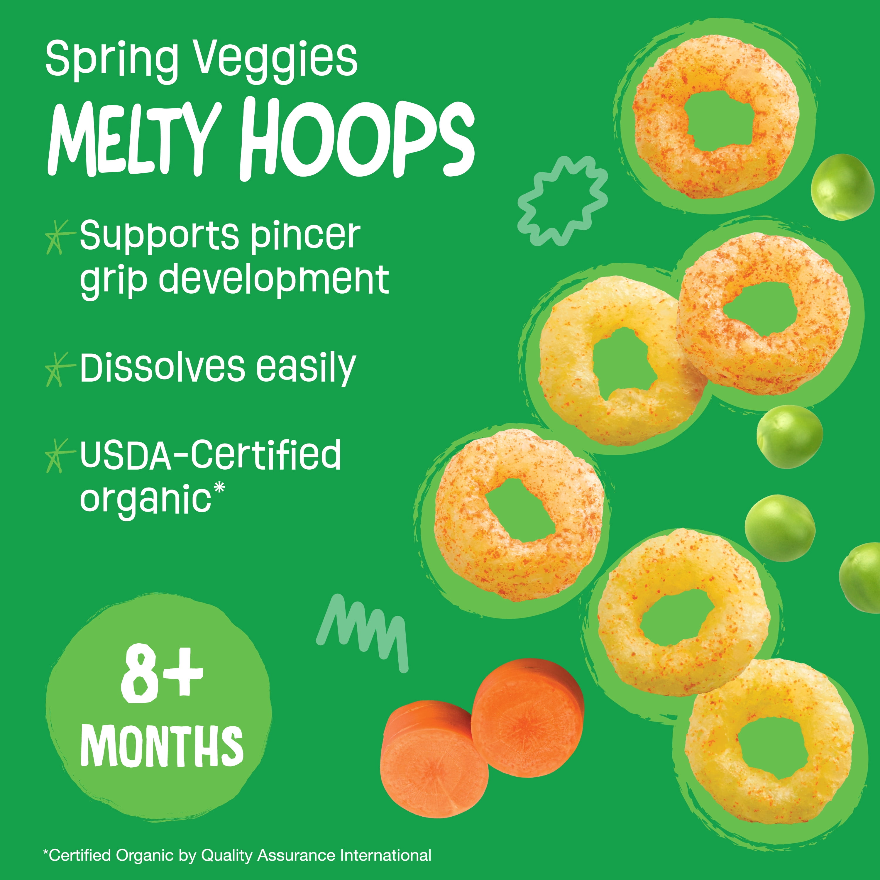 (2 pack) Earth's Best Organic Bite-Size Melty Hoops Spring Veggies Puffed Baby Snack, 0.32 oz Bags (4 Pack)