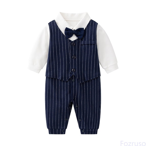 Fozruso Newborn Infant Baby Boys Gentleman Romper Jumpsuit Long Sleeve Bowtie Outfit Formal Wear Tuxedo Suit One-piece Romper Sizes 0-3 Months