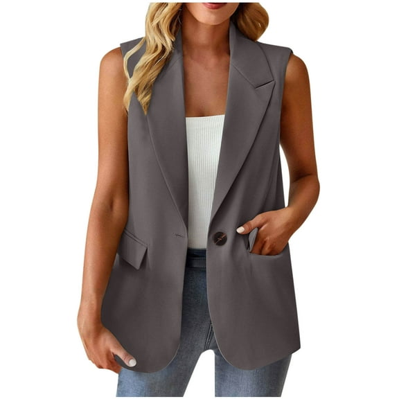 Wyobmus Women's Summer Sleeveless Vest Blazer Lightweight Open Front Lapel V Neck One Button Tops Fashion Casual Work Suit Vest With Pockets S-3X Gray