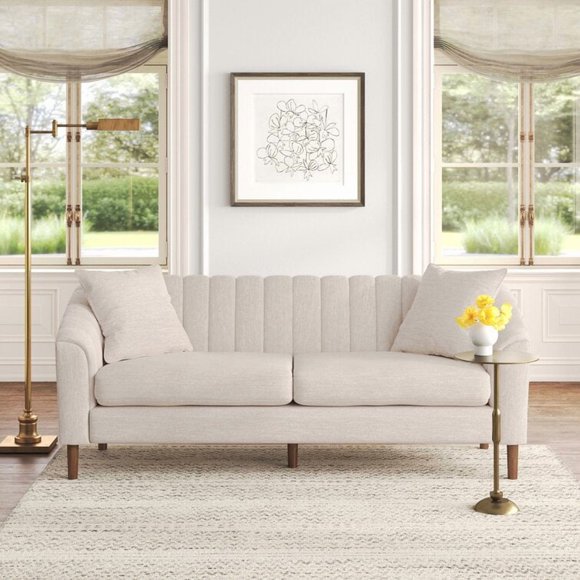 Noble House Contemporary 3-Seater Sofa,Deep Channel Stitching with 2 Pillows,Beige