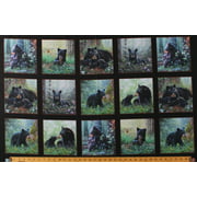24" X 44" Panel Black Bears Cubs Cute Animals Wildlife Scenic Blocks Squares Tender Moments Black Cotton Fabric Panel (9606BLACK)