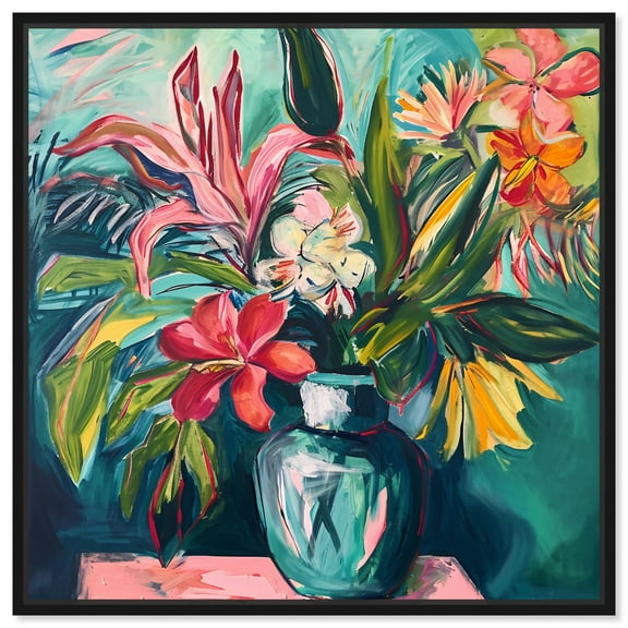 Vase Of Bright Tropical Flowers In Vase Paintings Canvas Wall Art by Art Remedy, Black Floater Frame, 13" x 13"