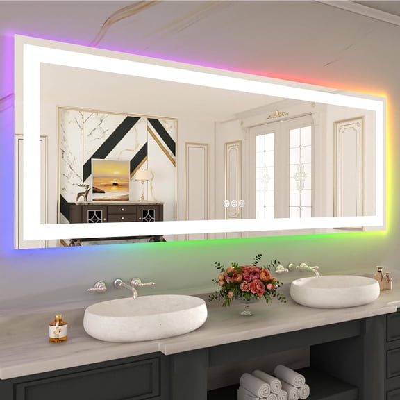 GODCHAR Super Bright RGB Backlit & LED Frontlit Anti-Fog Bathroom/Vanity Mirror in Tempered Glass & ETL 84x32 inch