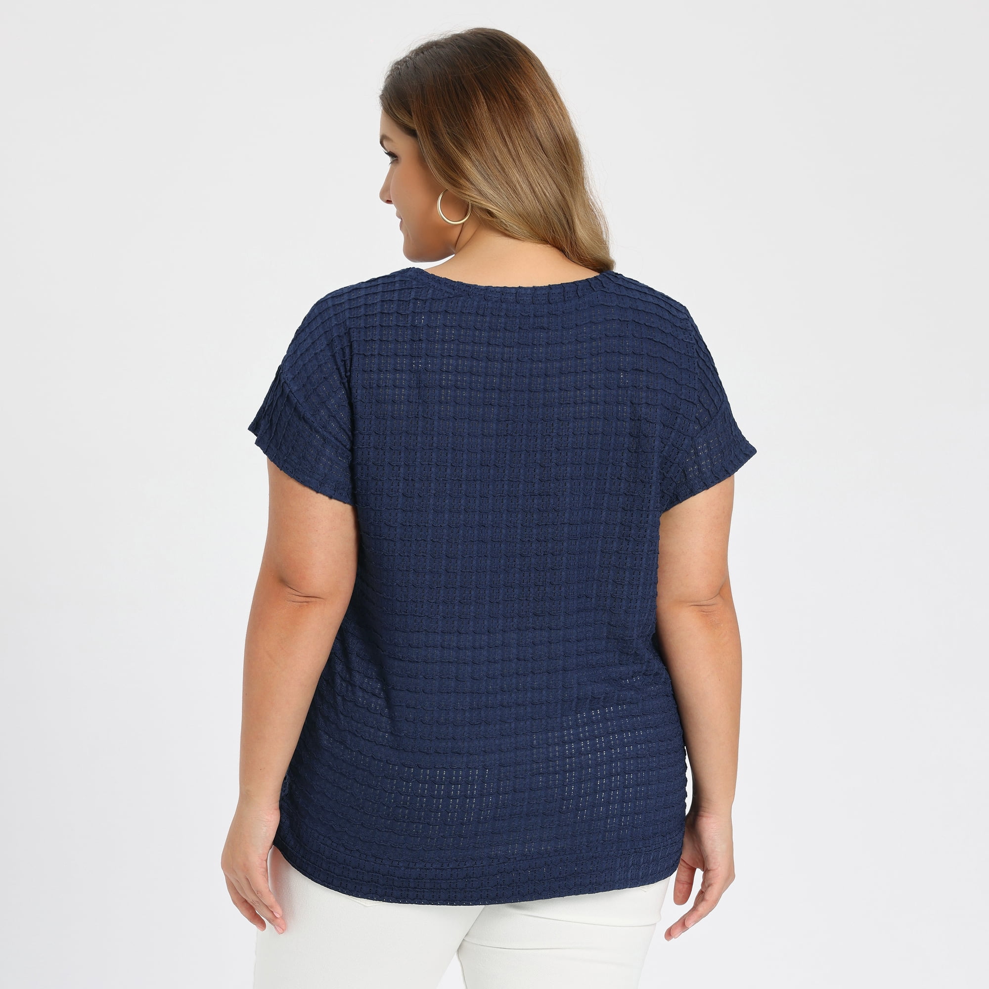 DARING DIVA Women's Plus Pointelle Knit Tops Casual Blouse 1X Navy Blue