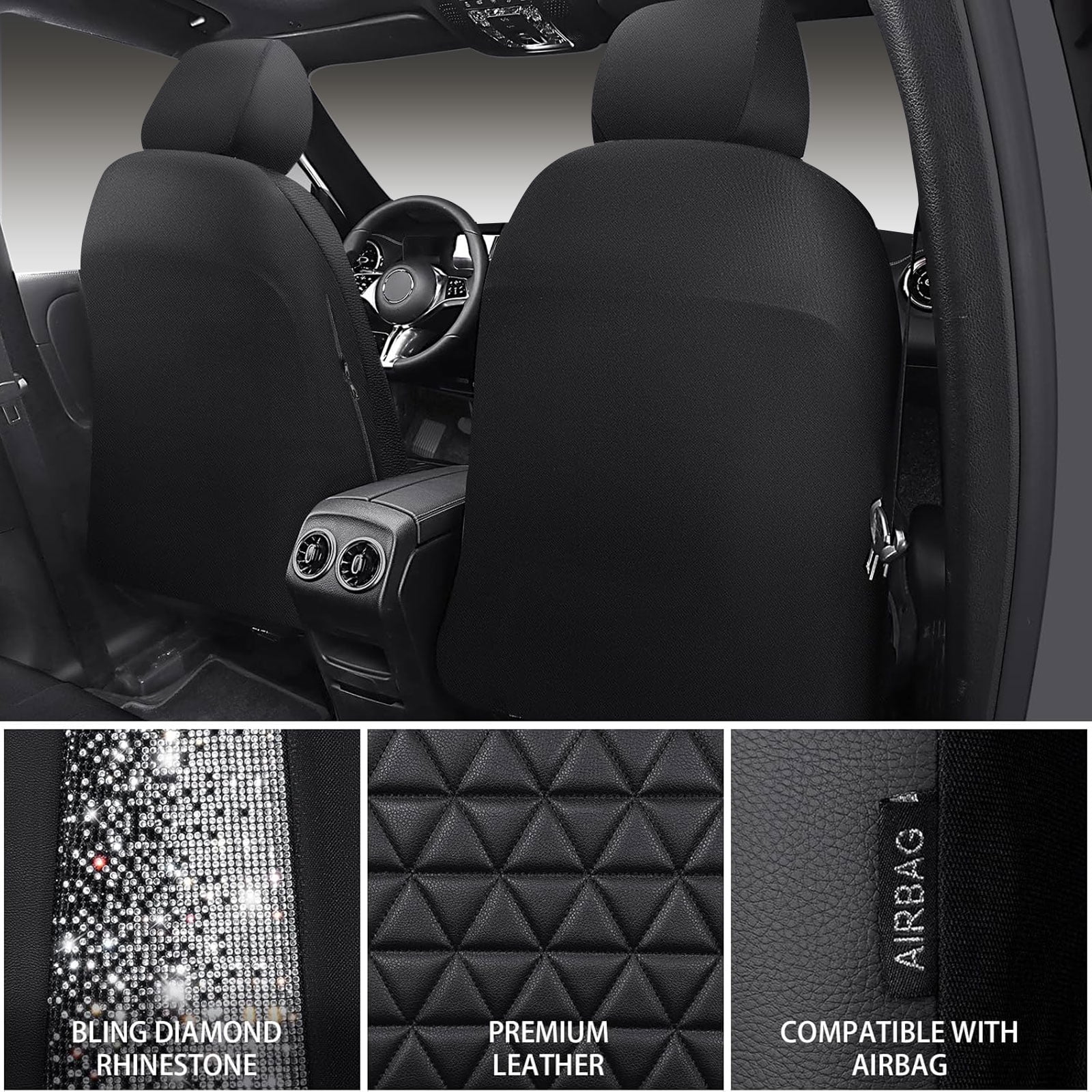 CAR GRAND Bling diamond leather automotive seat covers front pair water proof shining glitter sparkly crystal rhinestone universal armrest fit girl woman lady black