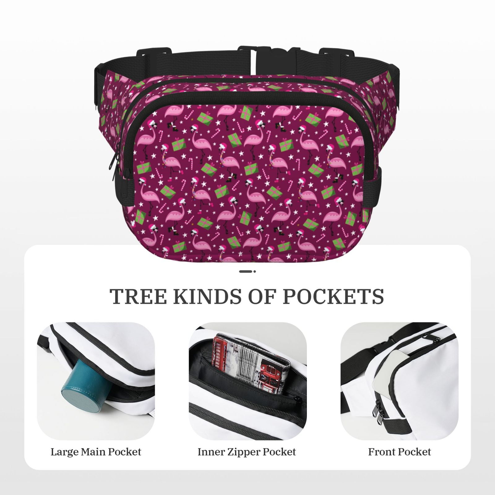 Picia Festive Flamingos Print Square Double-Layer Waist Bag Mini Adjustable Waist Belt Bag Exercise Running Travel Hiking