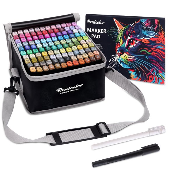 realcolor Ensemble de 120 Marqueurs à Alcool, Marqueurs d'Art à Double Pointe pour Coloriage Adulte, Ensemble de Marqueurs à Alcool pour Dessin, Coloriage, Croquis, Fabrication de Cartes, Illustration