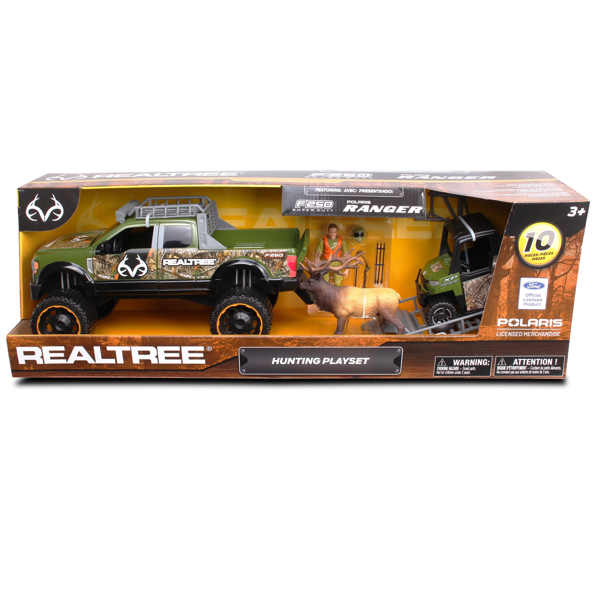 RealTree 10pc Hunting Playset: Ford F250 w/ Elk - NKOK 1:18 Scale, Hunter, Truck, Polaris Ranger UTV, Trailer & More