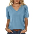 thumbnail image 3 of Lumtrix Womens Short Sleeve Sweater Spring Summer V Neck Lightweight Pullover Summer Dressy Casual Blouse Blue XL, 3 of 6