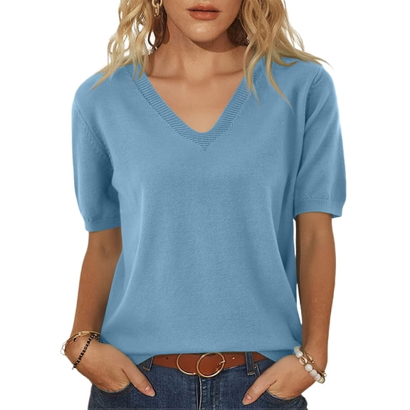 Lumtrix Womens Short Sleeve Sweater V Neck Trendy Pullover Tops 2026 Summer Spring Summer Loose Lightweight Casual Blouse Blue L