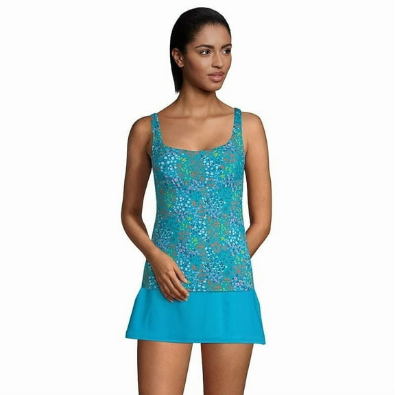 Lands' End Womens Chlorine Resistant Square Neck Tankini Top Turquoise Mini Floral Regular 10