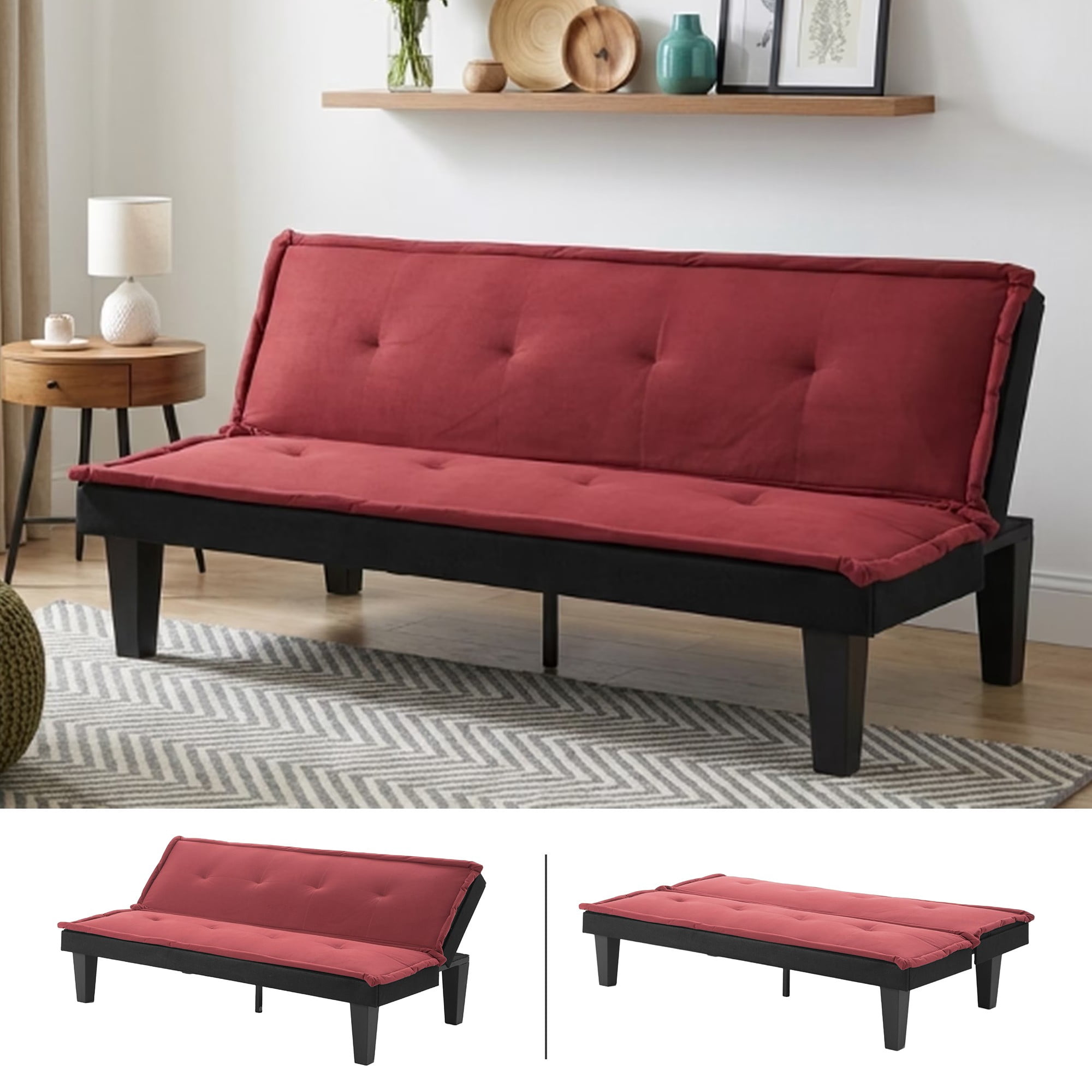 BSHTI 62.99" Faux Suede Upholstered Modern Futon Sofa Bed with Adjustable Back, Tufted Design for Living Room(Dark Red)
