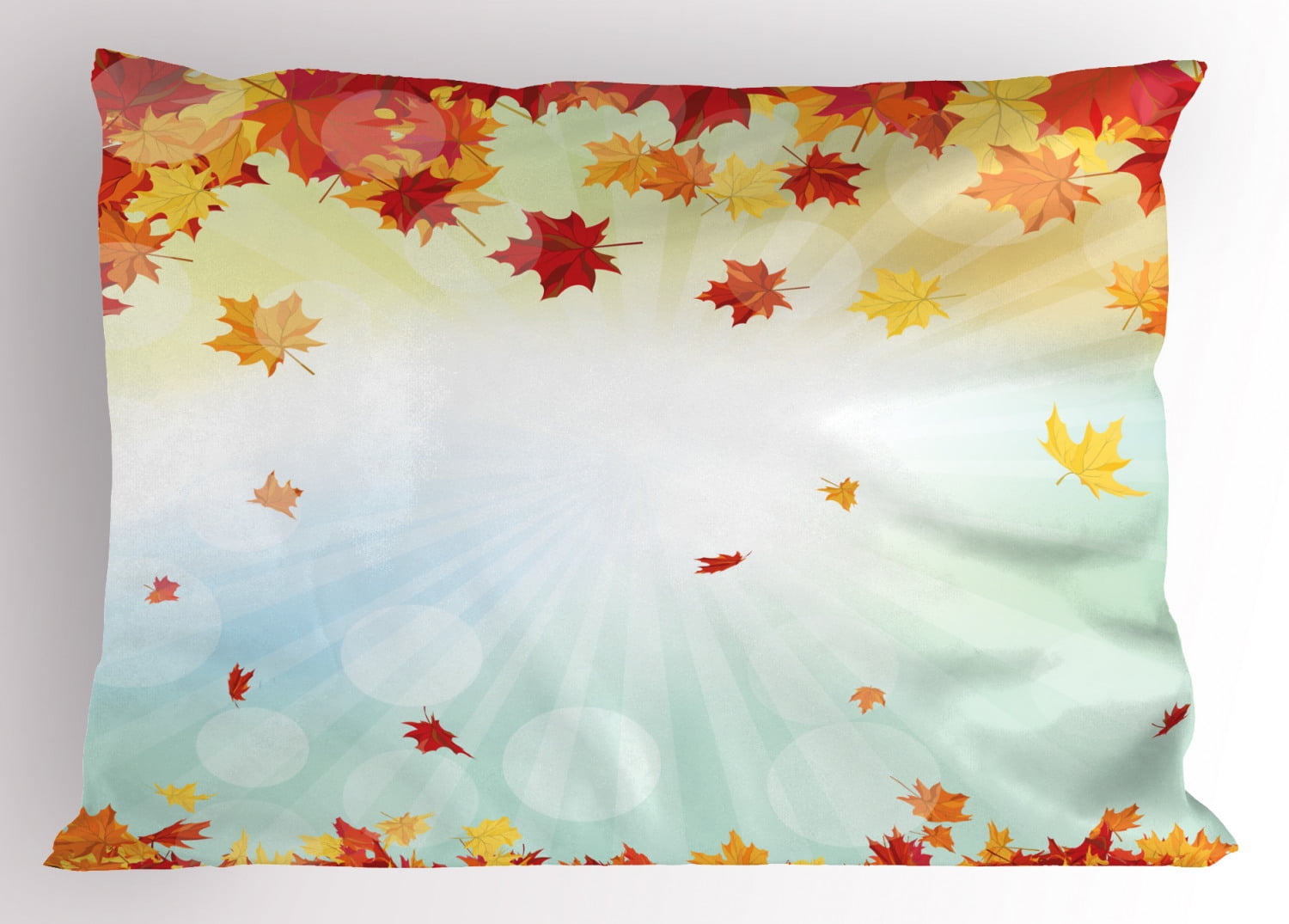 Autumn Pillow Sham Bokeh Background with Fallen Maple Leaves Warm