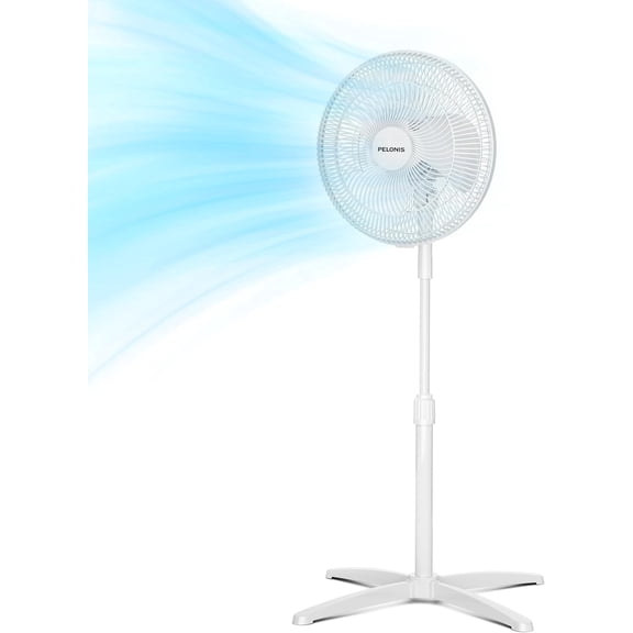 PELONIS 16" Oscillating Pedestal Fan, Adjustable Height Standing Fan with 3 Speeds, 90 Wide Oscillation, White Floor Fan for Bedroom, Living Room & Office