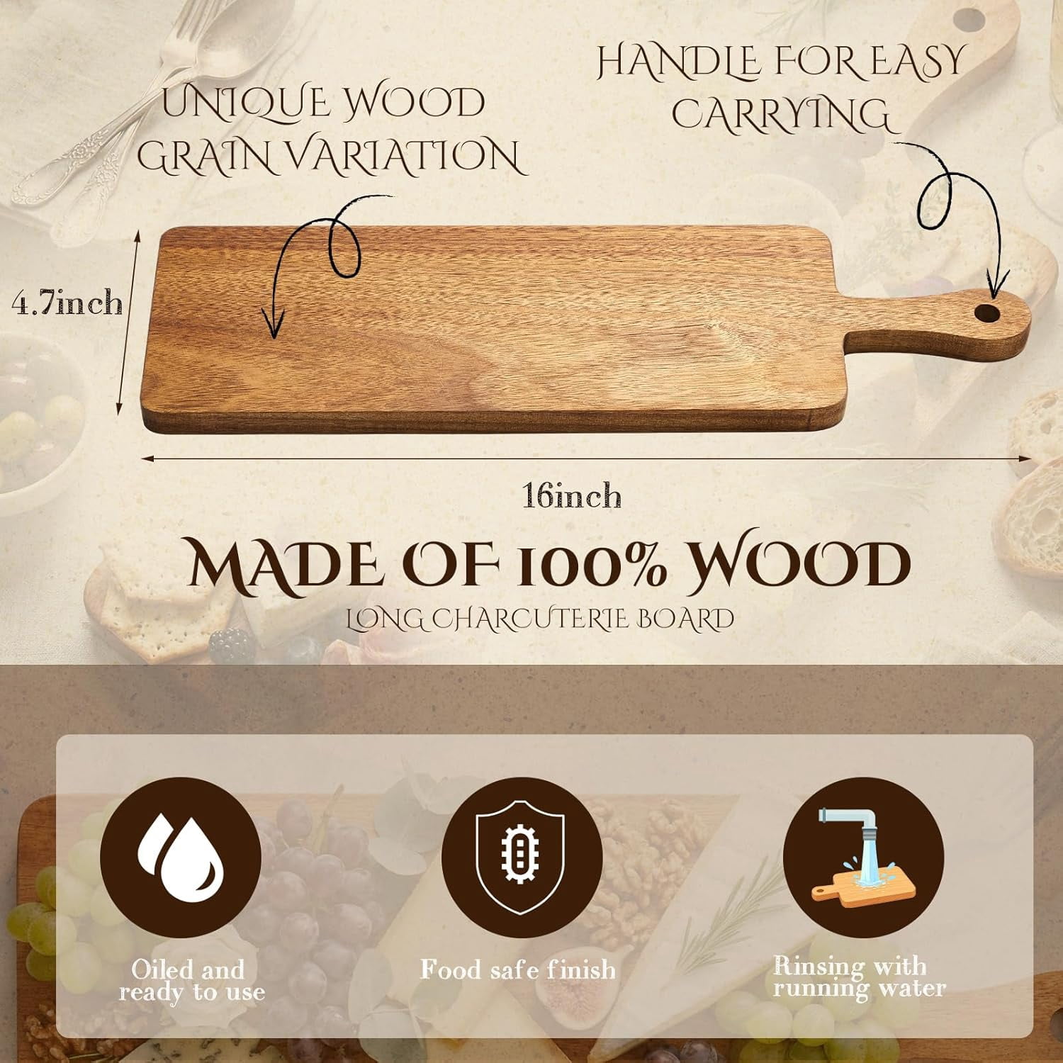 10 Pcs Wood Cutting Board with Handle 15.7 x 7.8 Inch Acacia Wooden Serving Kitchen Chopping Boards for Pizza, Bread, Cheese, Charcuterie, Fruit, Vegetables