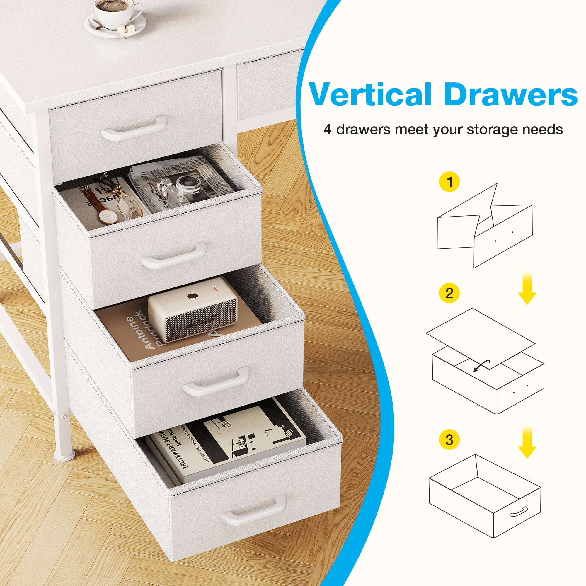 Casacomoda 48" Home Office Desk with 6 Drawers, Small Space Computer Desk with Reversible Storage, Corner Computer Desk, White