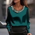 thumbnail image 2 of ManxiVoo Women Pearl Detail Satin Top Long Sleeve Crew Neck Blouse Elegant Fall Work Shirt Luxe Feel Blouse XXL Size Green, 2 of 7