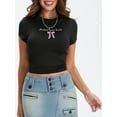 thumbnail image 3 of Biezeib Women's Cap Sleeve Tops Casual Tight Fitted Round Neck Letter Bow Print T-Shirt Tops for Summer, 3 of 6