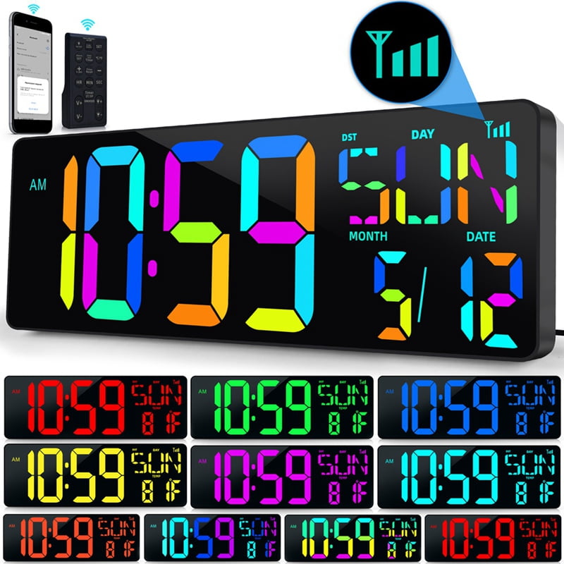 Large Digital Wall Clock 16.5 Inch Bluetooth Auto Time Sync Led Digital Clock Display Calendar Clock US Plug