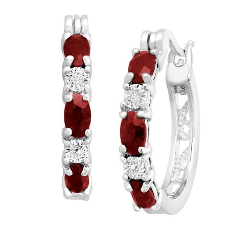 1 1/2 ct Natural Garnet Hoop Earrings with Diamonds in Platinum-Plated Brass, .875