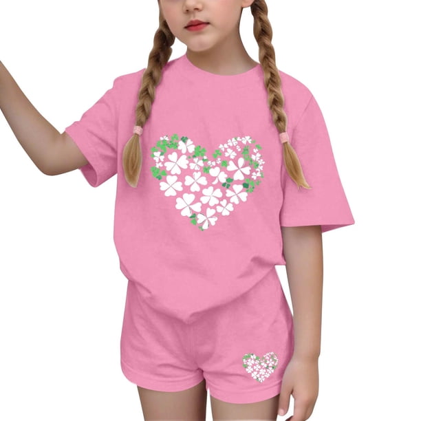 Vestido de manga corta para niños Día de San Patricio impreso de dos piezas Conjunto de cuello redondo con pantalones cortos, blusa de manga corta