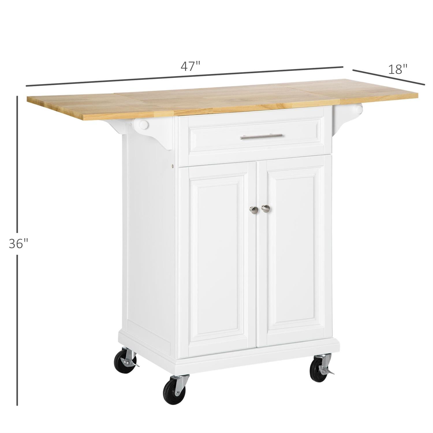 Demi Bonn 47" Kitchen Island with Drop Leaf Design, Trolley Cart & Wheels, Drawer Cabinet & Towel Rack, Natural Wood Top & White Finish for Modern Homes