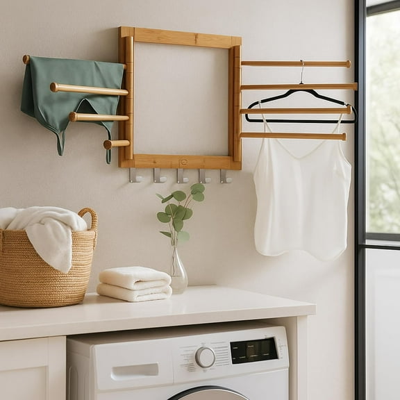 Bamboo Swivel Wall Mount Drying Rack - Versatile Clothes Drying Rack with 8-Rod Capacity, Natural