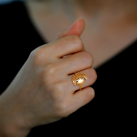Sun Moon 14K Yellow Gold Rings for Women Men Golden Silver Color Simple Adjustable Open Size Finger Rings Jewelry Gifts Female
