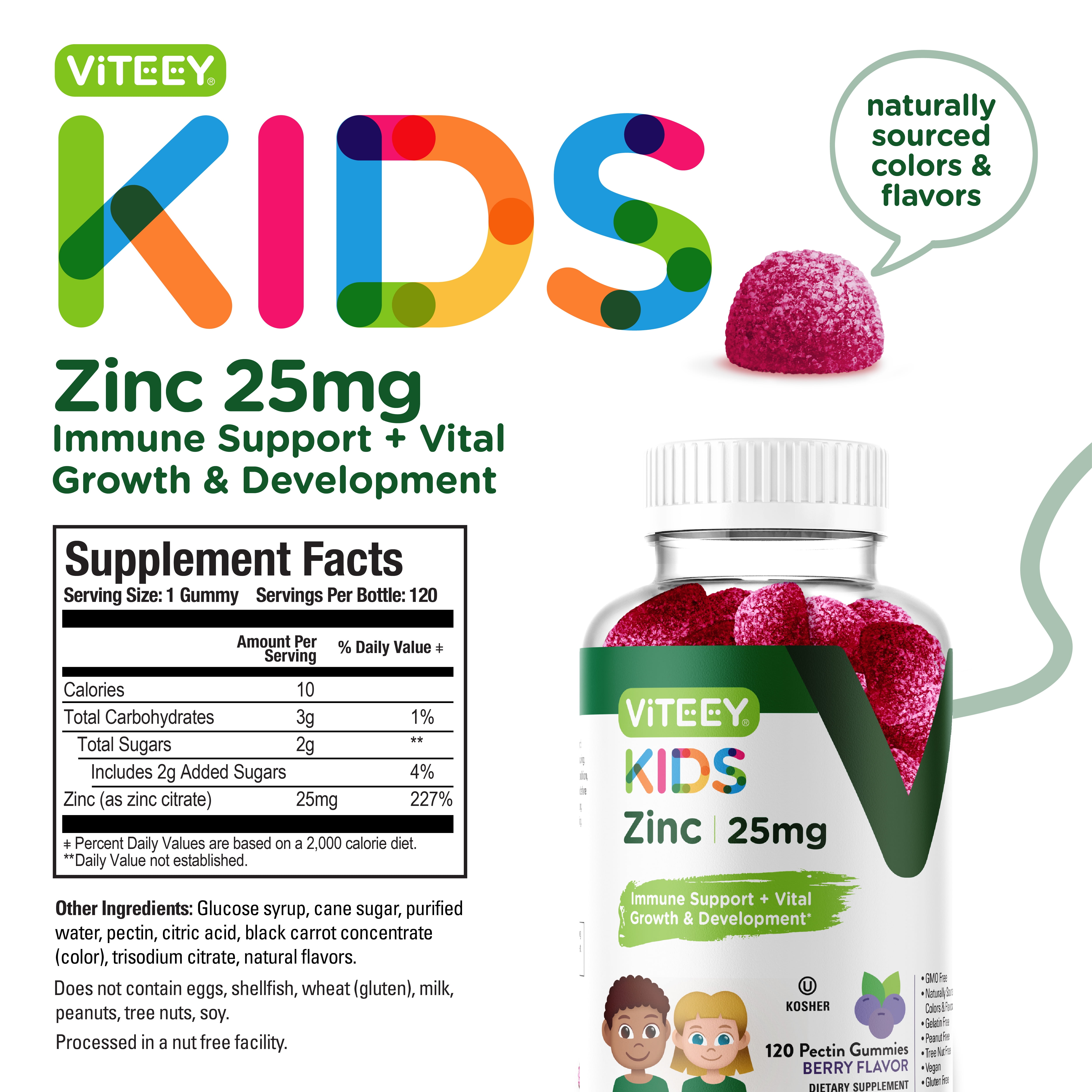 VITEEY Kids Zinc Gummies 25mg, Kids Immune Support Zinc Supplement, Berry Flavor, 120 Ct