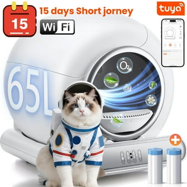 Qvamodo Automatic Litter Box, 65 9 L Self Cleaning Cat Litter Box Self Cleaning for Multiple Cats, with Safety Protection, Odor-Removal, App Control,2 Roll Garbage Bags, Easy Setup, White