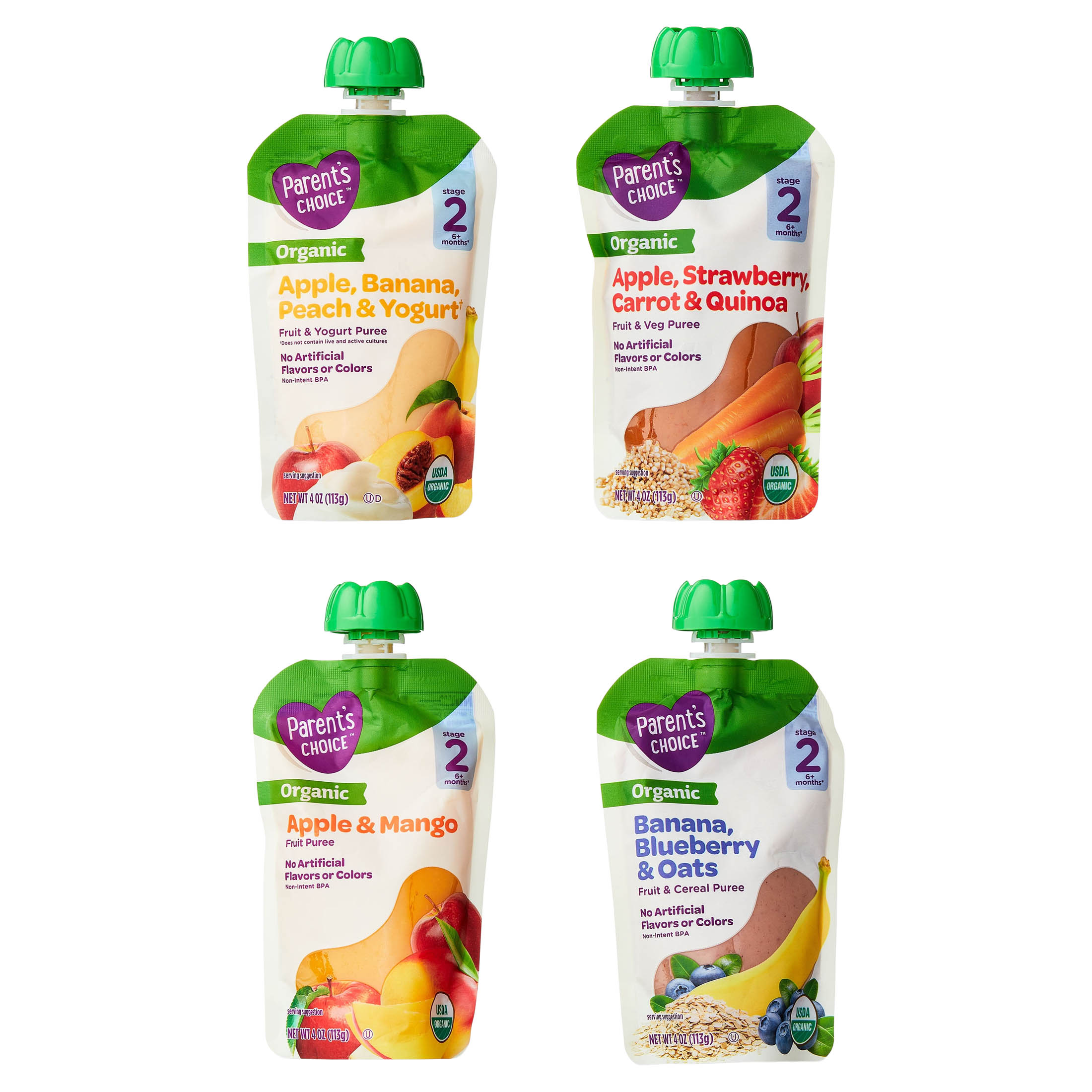 Paquete variado de comida para bebé etapa 2 orgánica de Parent's Choice, bolsas de 4 oz, paquete de 12 6